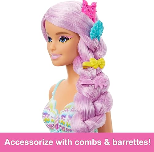 Miniatura 3 de Barbie Muñeca de sirena con pelo de fantasía rosa de 7 pulgadas de largo y accesorios coloridos para jugar como diadema y pasadores