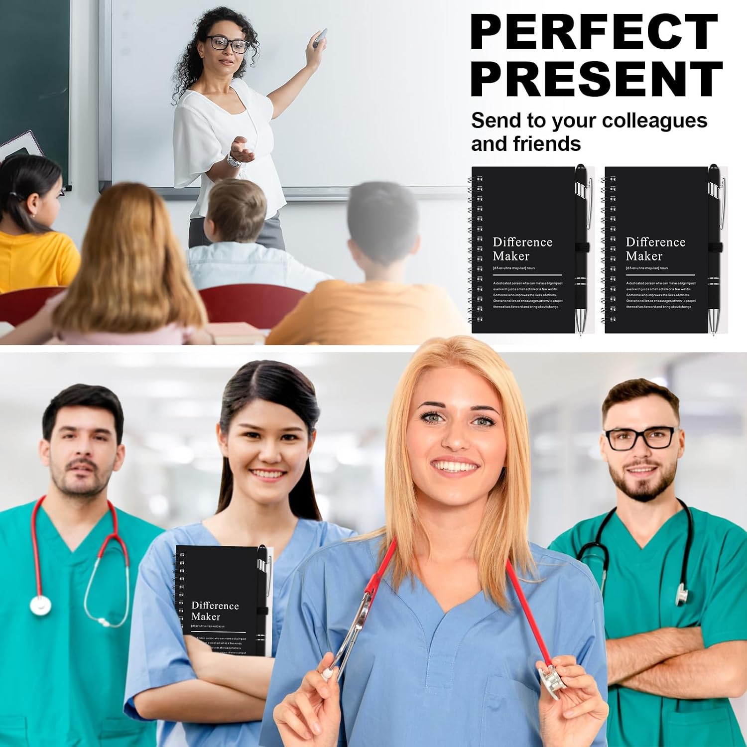Fullhawl 24 Sets Difference Maker Gifts Bulk, Inspirational A6 Notebooks with Pens, Appreciation Gifts for Nurses Teachers Employees, Graduation Fathers Day(Black)