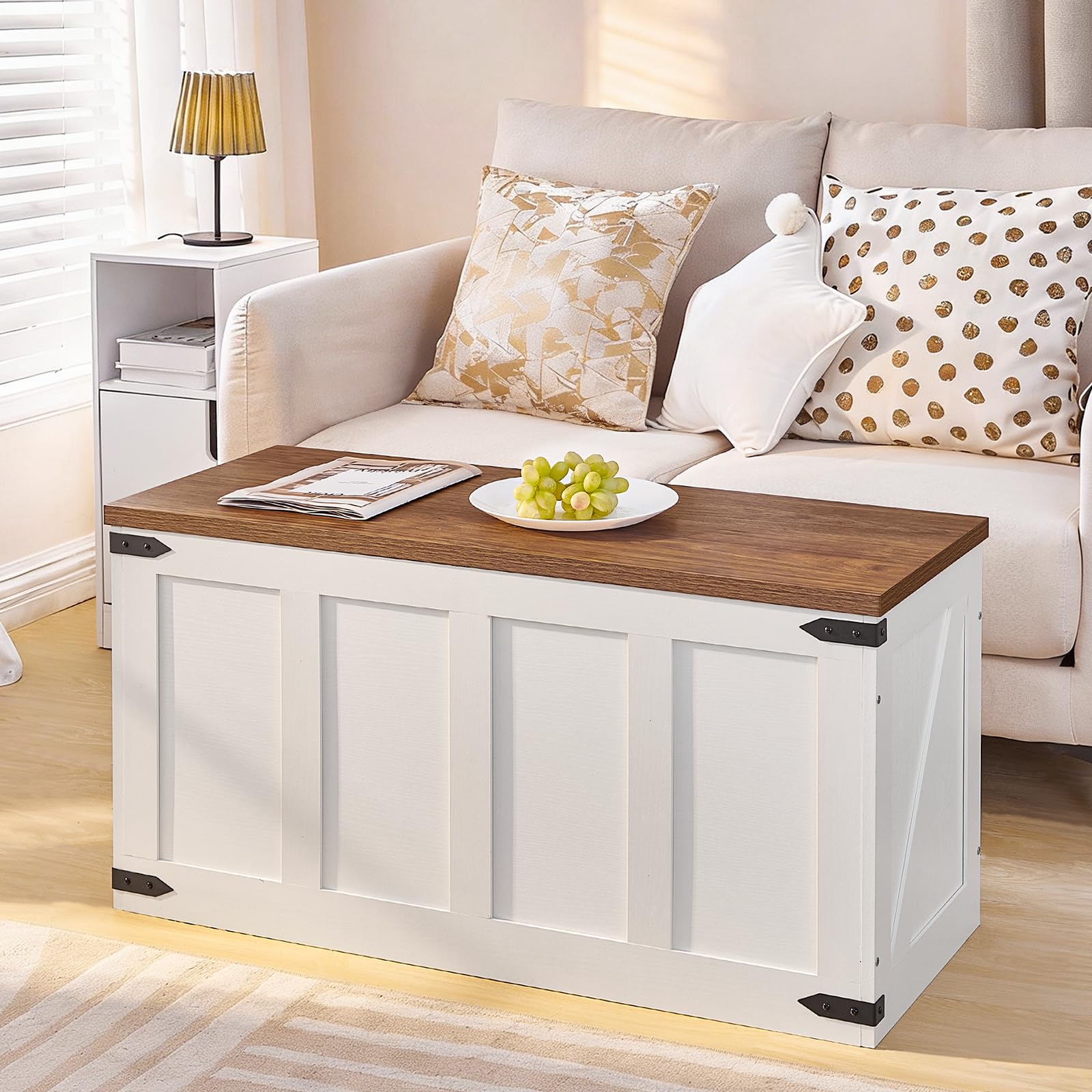 HOOBRO Sitzbank mit Stauraum, Truhen mit Deckel, Spielzeugkiste groß, Schuhbank mit 2 Sicherheitsscharniere, aufbewahrungsbox, 100 x 39 x 50 cm, für Flur, Schlafzimmer Weiß und Walnuss EWH500CW01