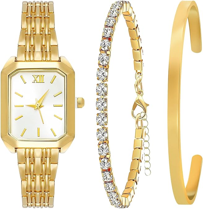 NEWITIN 3 Pieces Women Gold Watch Bracelets Set Fashion Costume Jewelry Stainless Steel Gold Plated Square Wristwatch Diamond Bangle Bracelet Watch Jewelry Set for Women