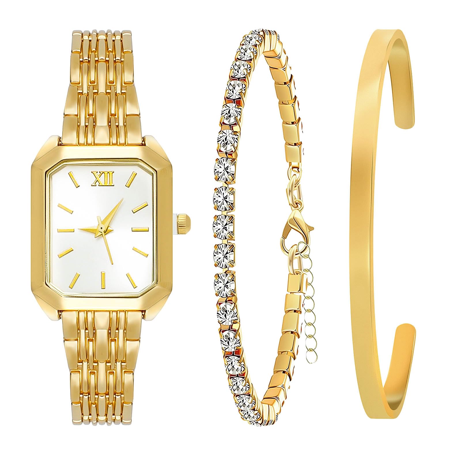 NEWITIN 3 Pieces Women Gold Watch Bracelets Set Fashion Costume Jewelry Stainless Steel Gold Plated Square Wristwatch Diamond Bangle Bracelet Watch Jewelry Set for Women
