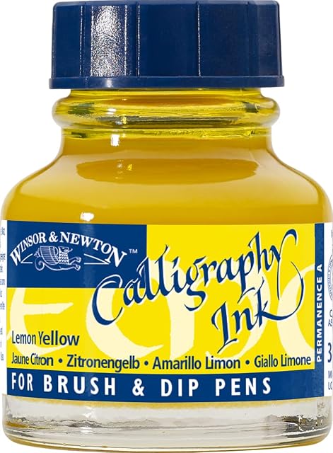 Winsor & Newton 1111345 tusze do kaligrafii (do piór wiecznych lub piór do pisania, można ze sobą mieszać, odporne na światło) butelka 30 ml cytrynowy żółty