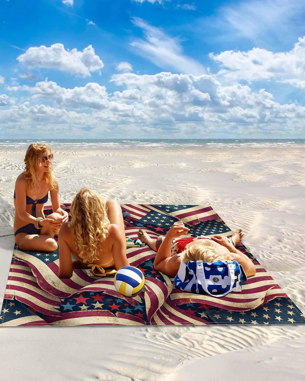 Independence Day American Red White Stripe Beach Blanket Waterproof Outdoor Picnic Mat 95"x80" Stars on Blue Lightweight Large Beaach Blankets with 4 Stake & 4 Corner Pockets