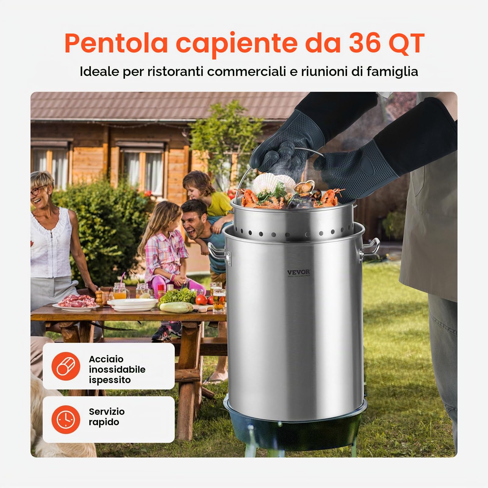 VEVOR Pentola in acciaio inox, pentole da 36 litri, pentola per salsa con cestino, coperchio e manico, pentola resistente di grado commerciale, trattamento levigatura, per cottura a vapore o frittura
