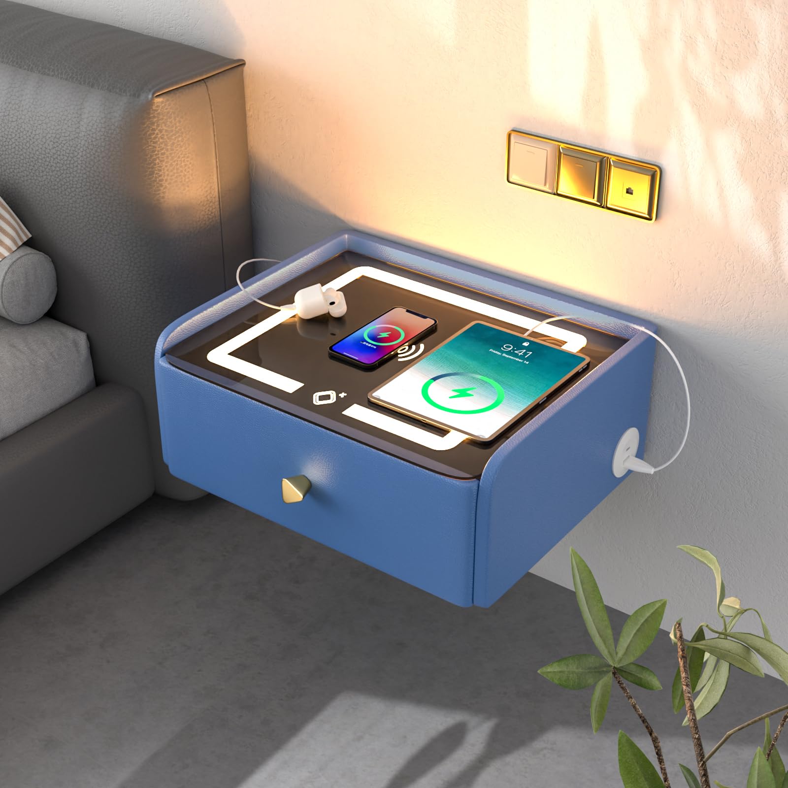 homemore smart nightstand floating bedside table led nightstand with charging smart nightstand bedroom options for young people.blue