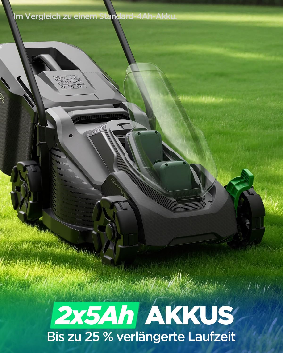 Akku-Rasenmäher für kleine Gärten, 33 cm Arbeitsbreite, bürstenloser Antrieb, 2-in-1 Mulchen & Fangen, mit 2×5,0 Ah Akkus für bis zu 400 m² pro Ladung, inkl. Typ-C-Ladekabel