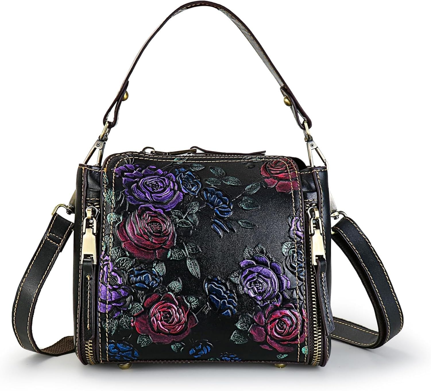KGAIXN Women Leather Satchel Handbag Crossbody Bag Medium Tote Shoulder Purse Top Handle, Black - Square