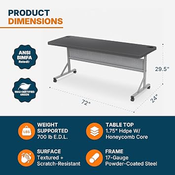 OEF Furnishings OEFBPFT2472-20 Commercial-Grade Premium Industrial Nesting Flip-Top Blow-Molded Training Table with Steel Frame and a 1.75 Thick Surface (24 72, Charcoal Slate Top)
