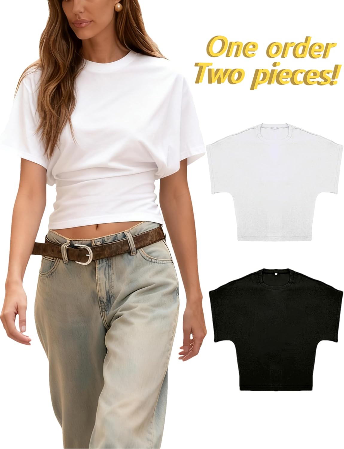 Lumister Shirts for Womens Crewneck Tighten Waist T-Shirt Casual Short Sleeve Workout Tops Solid Color Basic Tees - Image 2