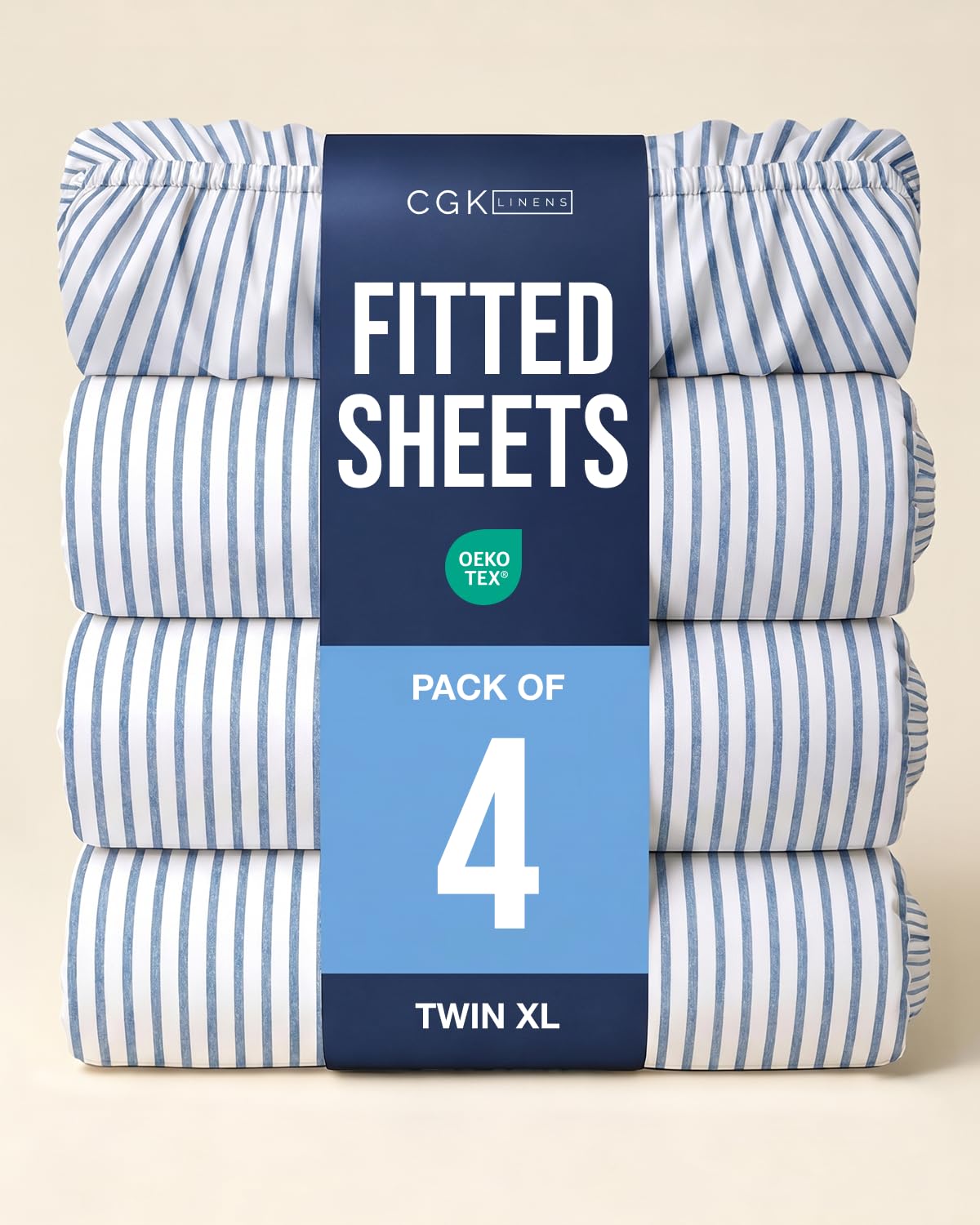 Twin XL Fitted Sheet - Pack of 4 College Dorm Essentials - Blue Stripes