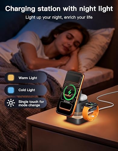 Miniatura 8 de HAWANA Estación de carga 4 en 1 con lámpara de noche compatible con función de carga magnética, soporte de viaje, carga rápida 3 en 1, múltiples