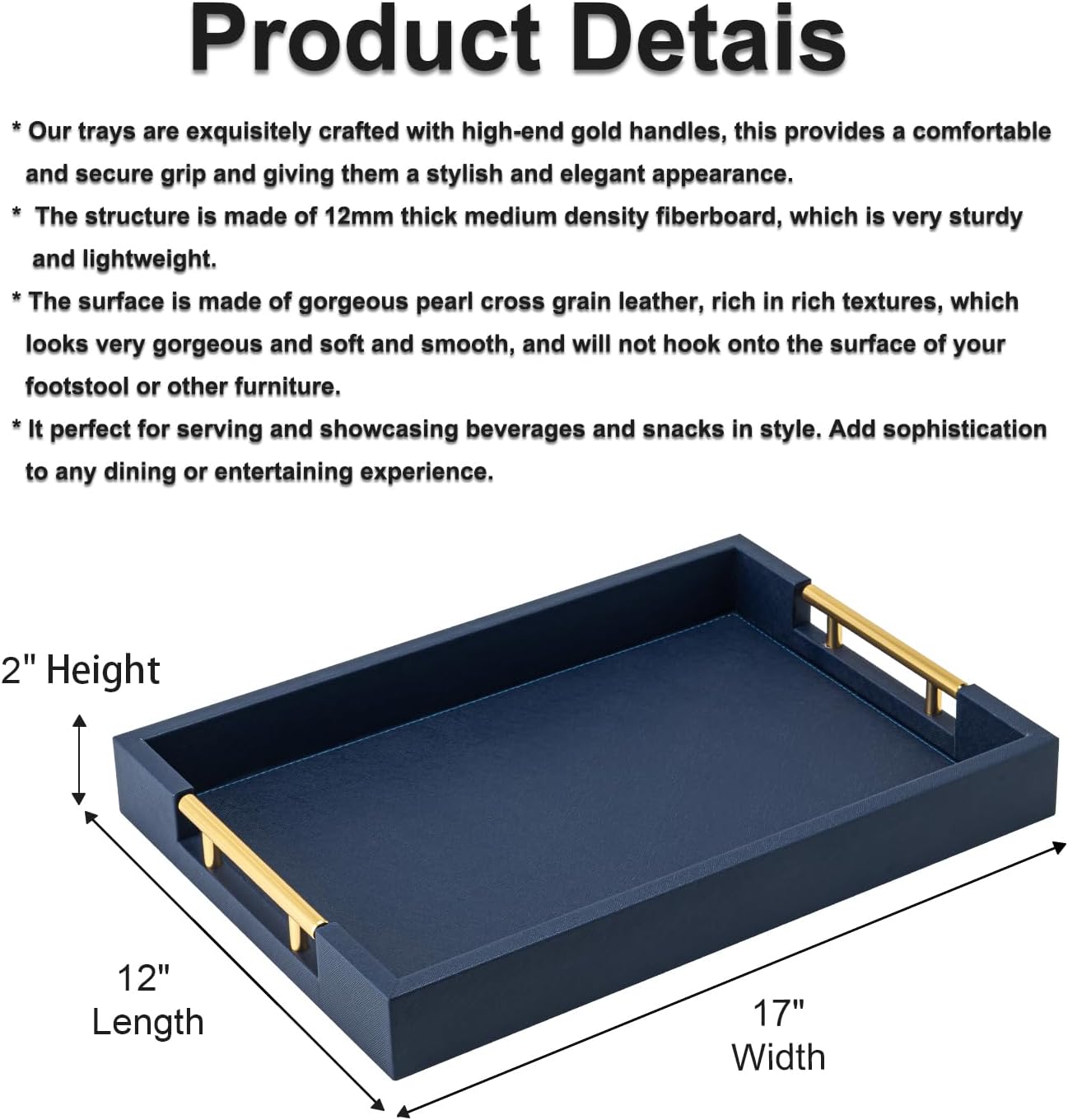 Navy Blue Faux Leather Serving Coffee Tray with Gold Handles,Rectangle Decorative Trays for Home Decor Large Ottoman Tray for Living Room - Image 5