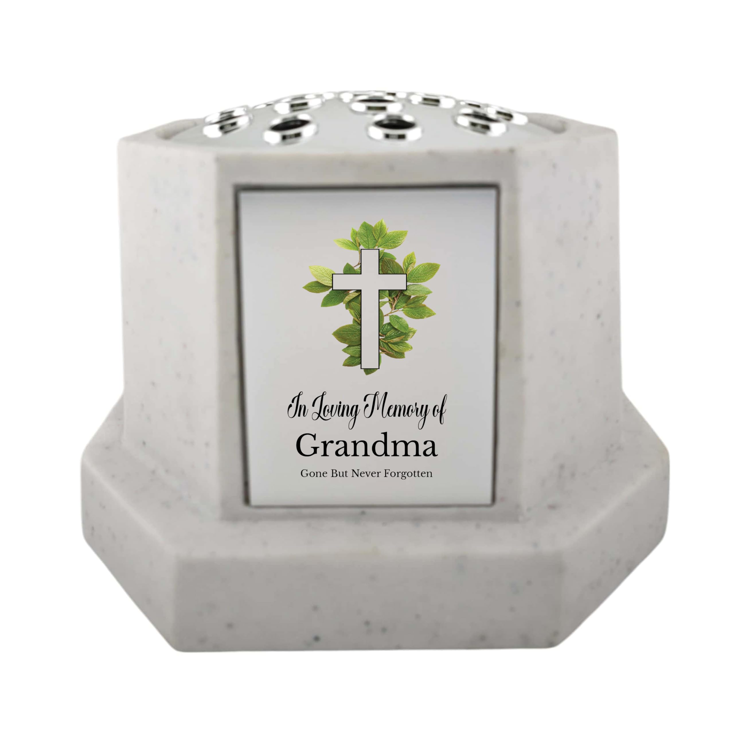 In Loving Memory Of Memorial Octagon Rose Bowl Grave Marker Flower Pot Vase With Cross Design Mum Dad & Lots More White/Silver (UV PRINTED) (Grandma)