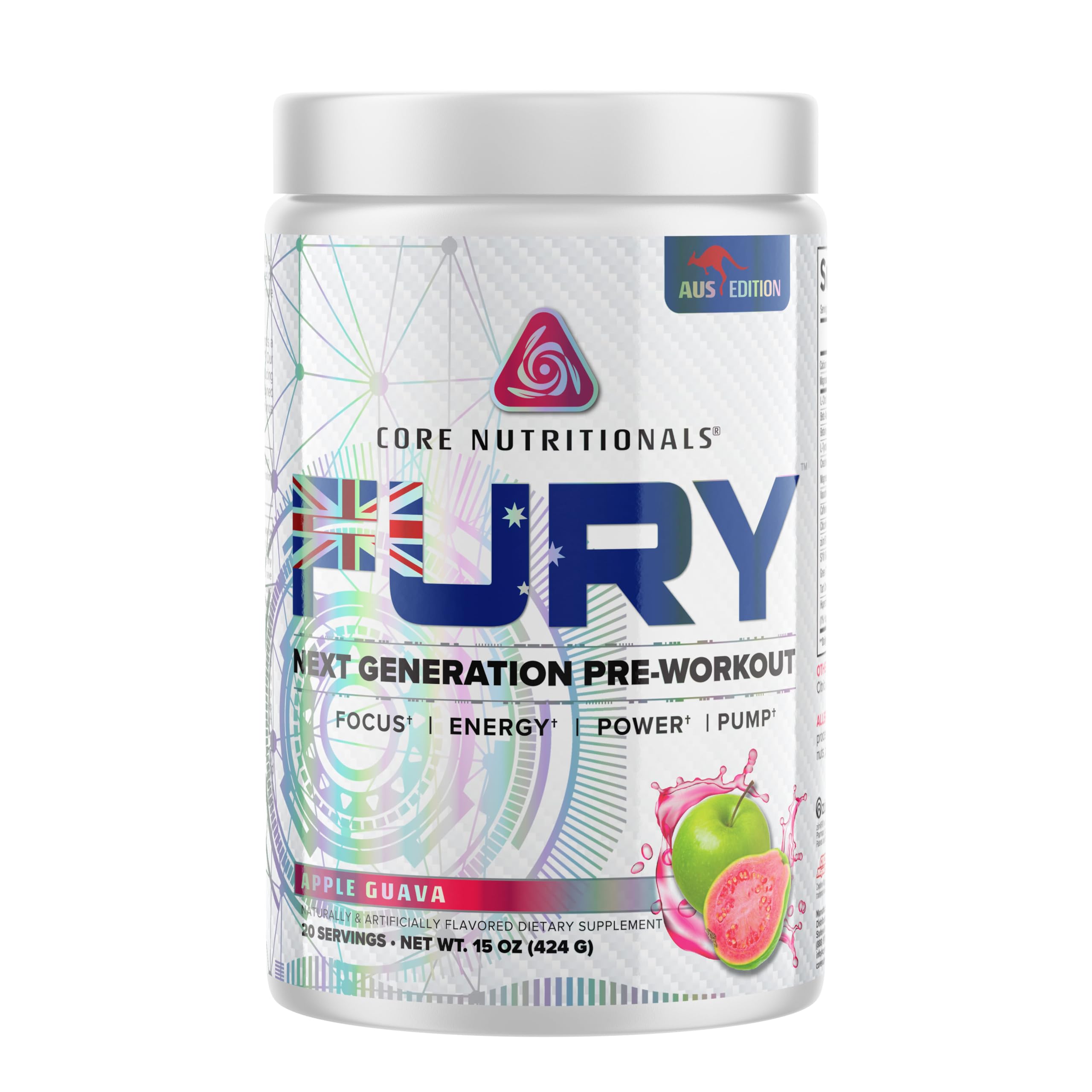 Core Nutritionals Fury Platinum Pre Workout Intensifier with 375mg Caffeine, 5G Creatine Monohydrate, 6G L-Citruline for Maximum Pump, Power, Focus and Energy, 20 Servings (Apple Guava)