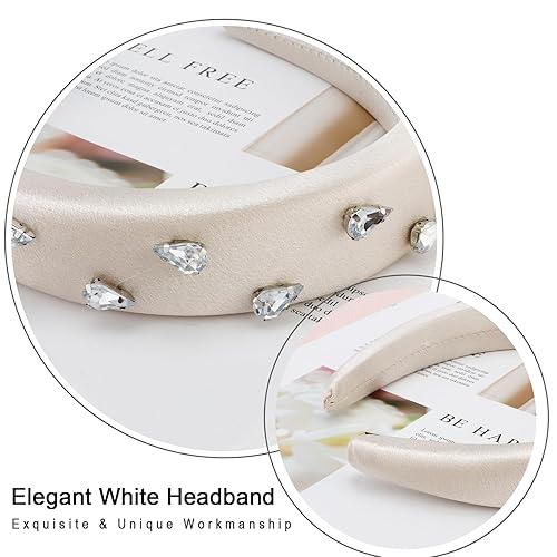 Miniatura 4 de AHONEY Diadema blanca acolchada para mujer, diadema gruesa blanca, bandas elegantes para el cabello de las mujeres de los años 70, diadema adornada,
