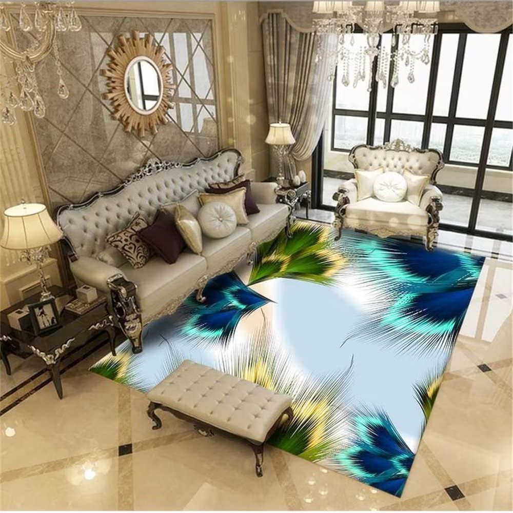 Tapis de salon bleu anti-usure 60x90 cm plumes abstraites pour masquer sols abîmés
