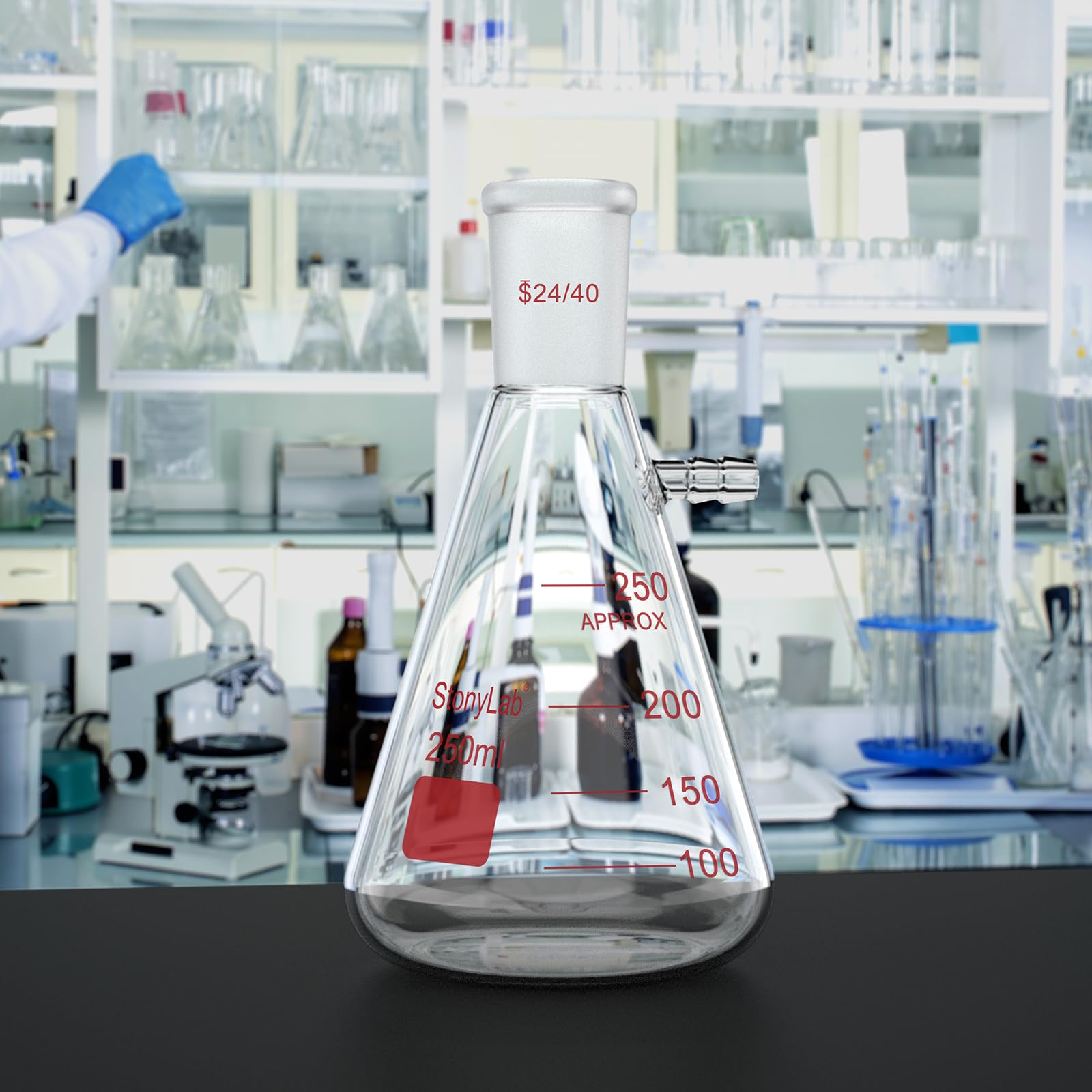 stonylab Fioles Filtrantes avec Joint Extérieur Conique Standard 24/40, Fiole à Filtre en Verre Borosilicaté à Paroi épaisse, Col à Boulon avec Tubulure, 250 ml
