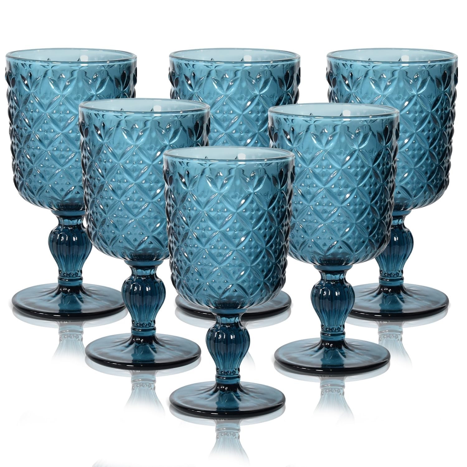 Blaue Weingläser im Vintage-Stil, 6 Stück, 340 ml, farbige Glaskelche mit geprägtem Blumenmuster, spülmaschinenfest for die Hochzeit, Party, Bar Getränkebecher
