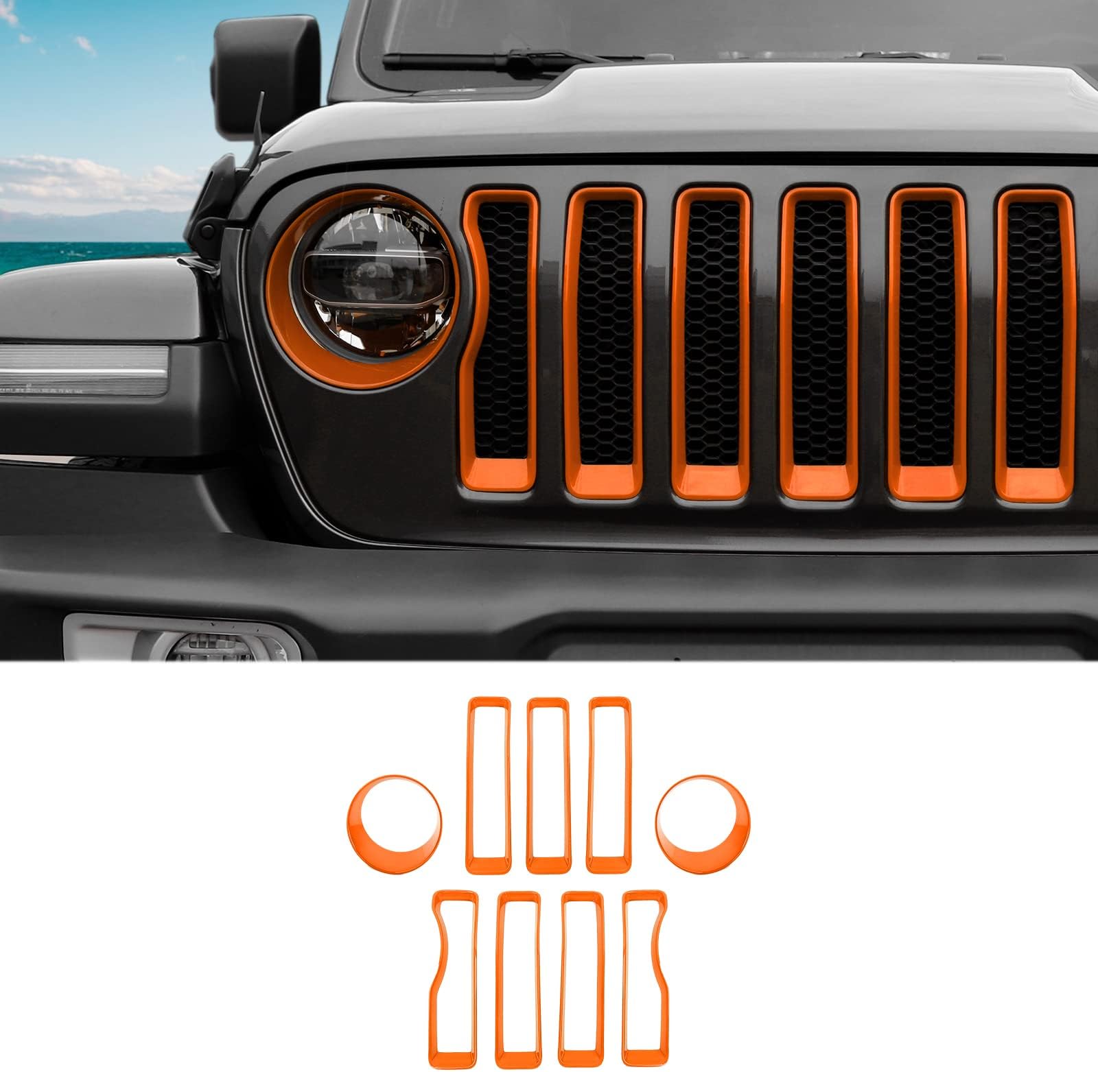 Mesh Grille Grill Insert+Headlight Turn Light Cover Trim Compatible with 2018-2023 Jeep Wrangler JL JLU (Orange)