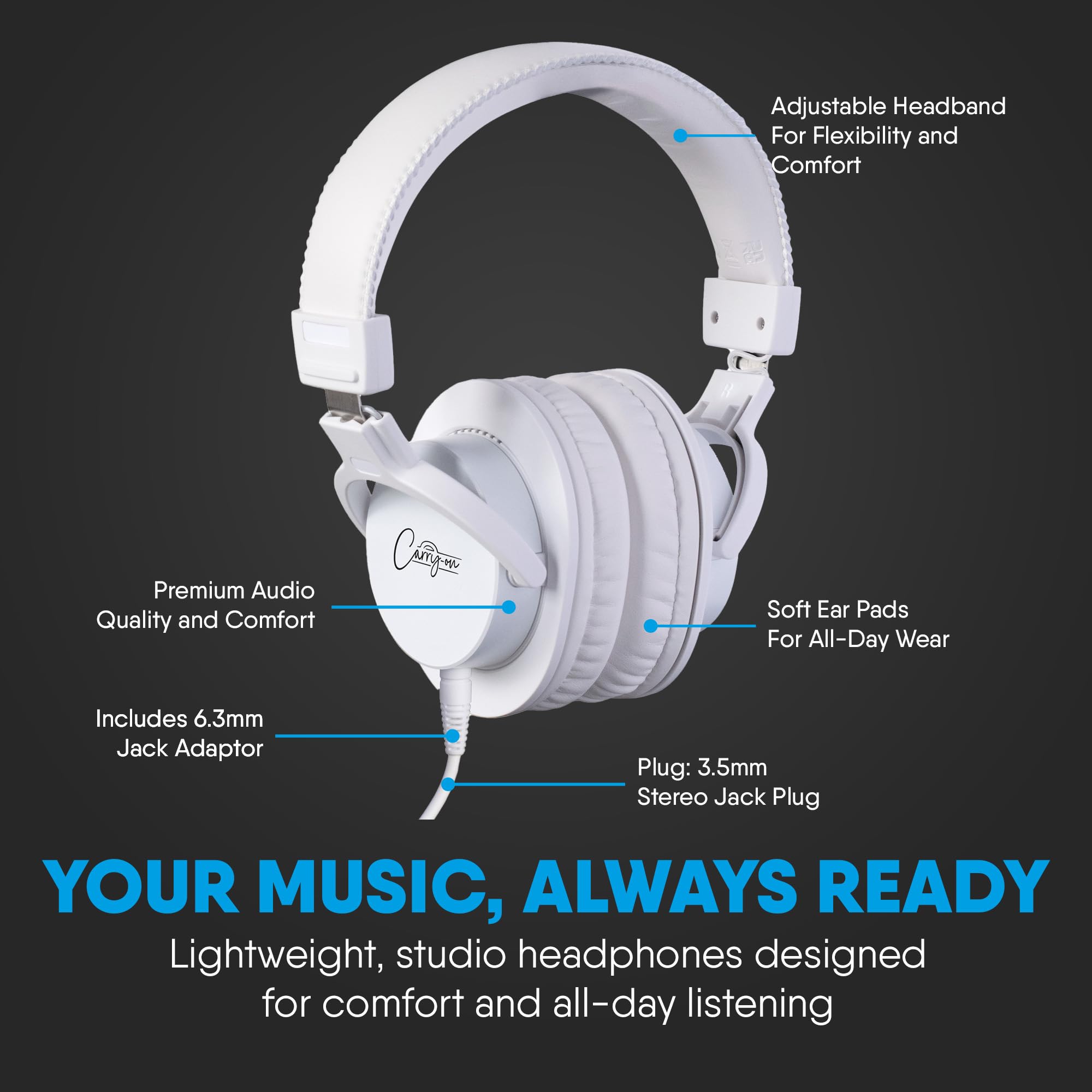 Carry-on SH100 Casque Supra-auriculaire Fermé Serre-tête Rembourré Câble Détachable 3m Jack 3.5mm Adaptateur 6.3mm Inclus Parfait pour la Musique Jeux Podcast et Instruments de Musique Blanc