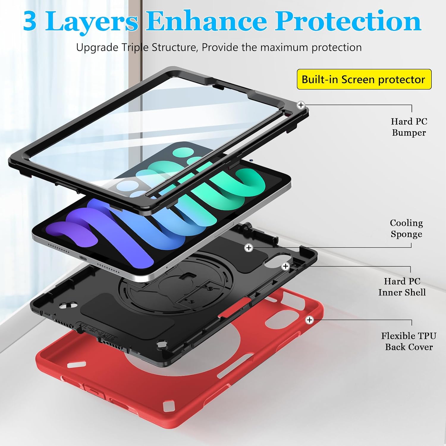 Case for iPad mini 7 (A17 Pro)/ Mini 6 8.3 INCH: TPU Cover for iPad mini 7th/6th Generation 8.3 Inch with Screen Protector- Stand + Handle + Shoulder Strap + Pencil Holder- Red