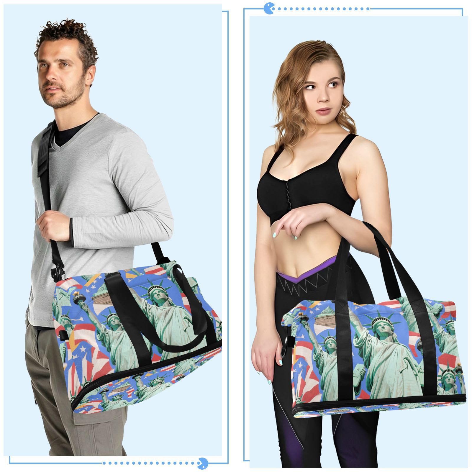 Borsa da viaggio blu alla moda con statua della libertà, con tasca bagnata, cinturino regolabile, borsone sportivo da palestra, per allenamento, pieghevole, per uomini e donne