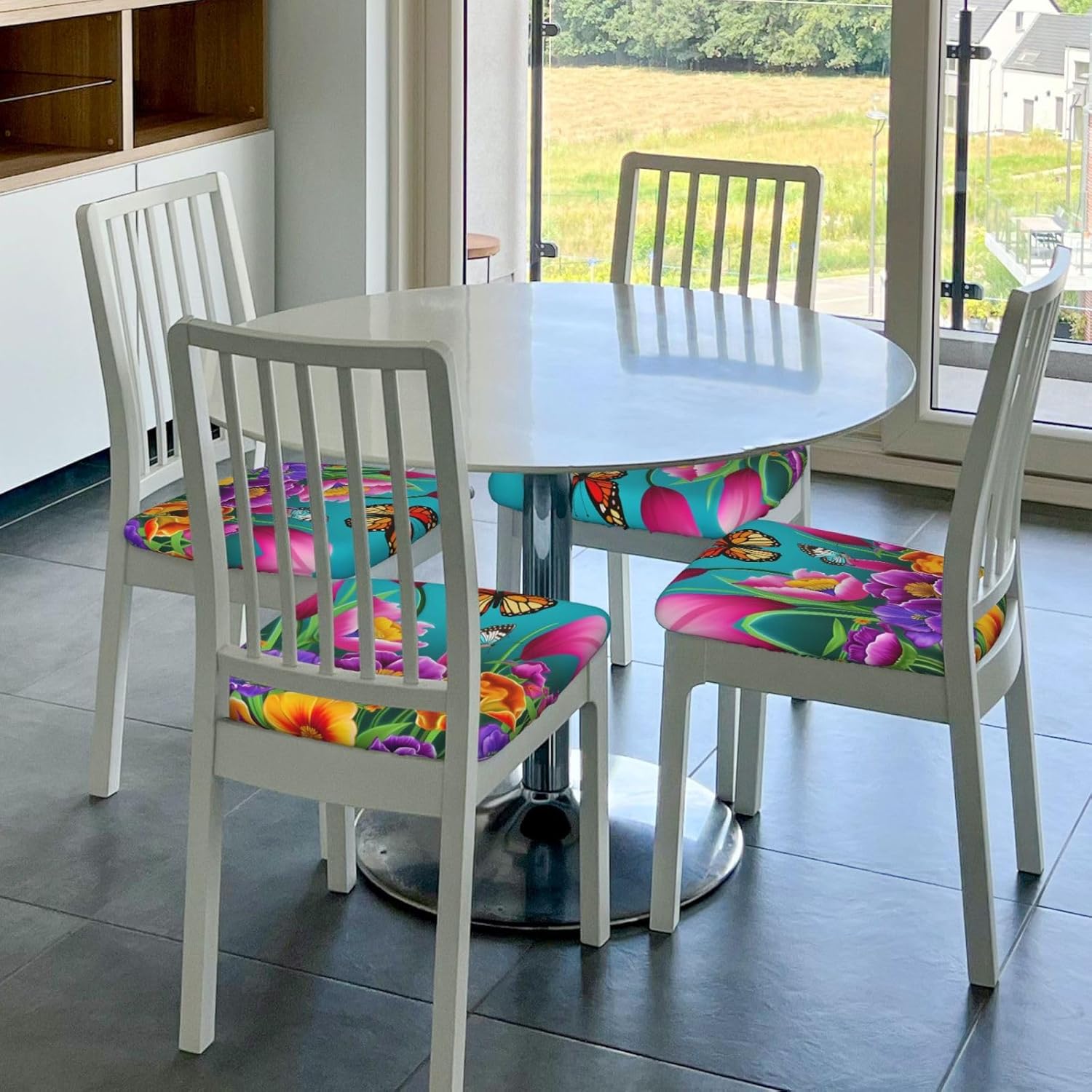 Flower and Butterfly Kitchen Square Chair Seat Covers 16.9" Six Piece, Stretch Fitted Couch Cushion Cover Replacement Removable, Chair Slipcovers for Home Holiday Decoration