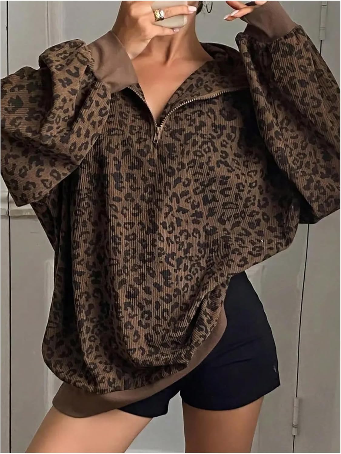 SHENHE Women's Plus Size Cheetah Leopard Print Quarter Zip Pullover Oversized Fall Sweatshirt - Image 3