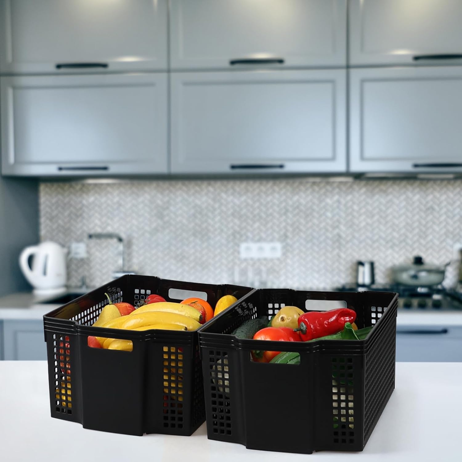 6-Pack Black Plastic Storage Baskets, Large Stackable Organizer Basket