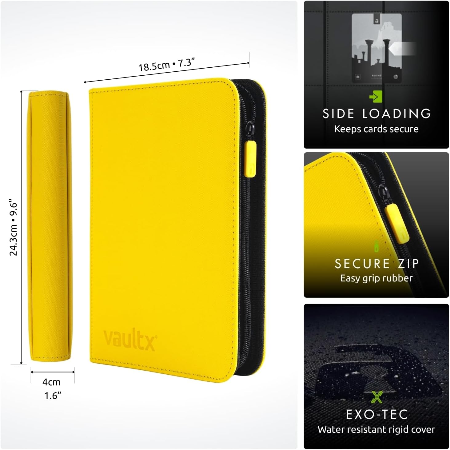Vault X 4 Pocket Trading Card Zip Binder, 160 cards, Premium Exo-Tec Album Material, 20 Side-Loading Pages, Folder for Collectible Card Games, Sports, TCG (Yellow)