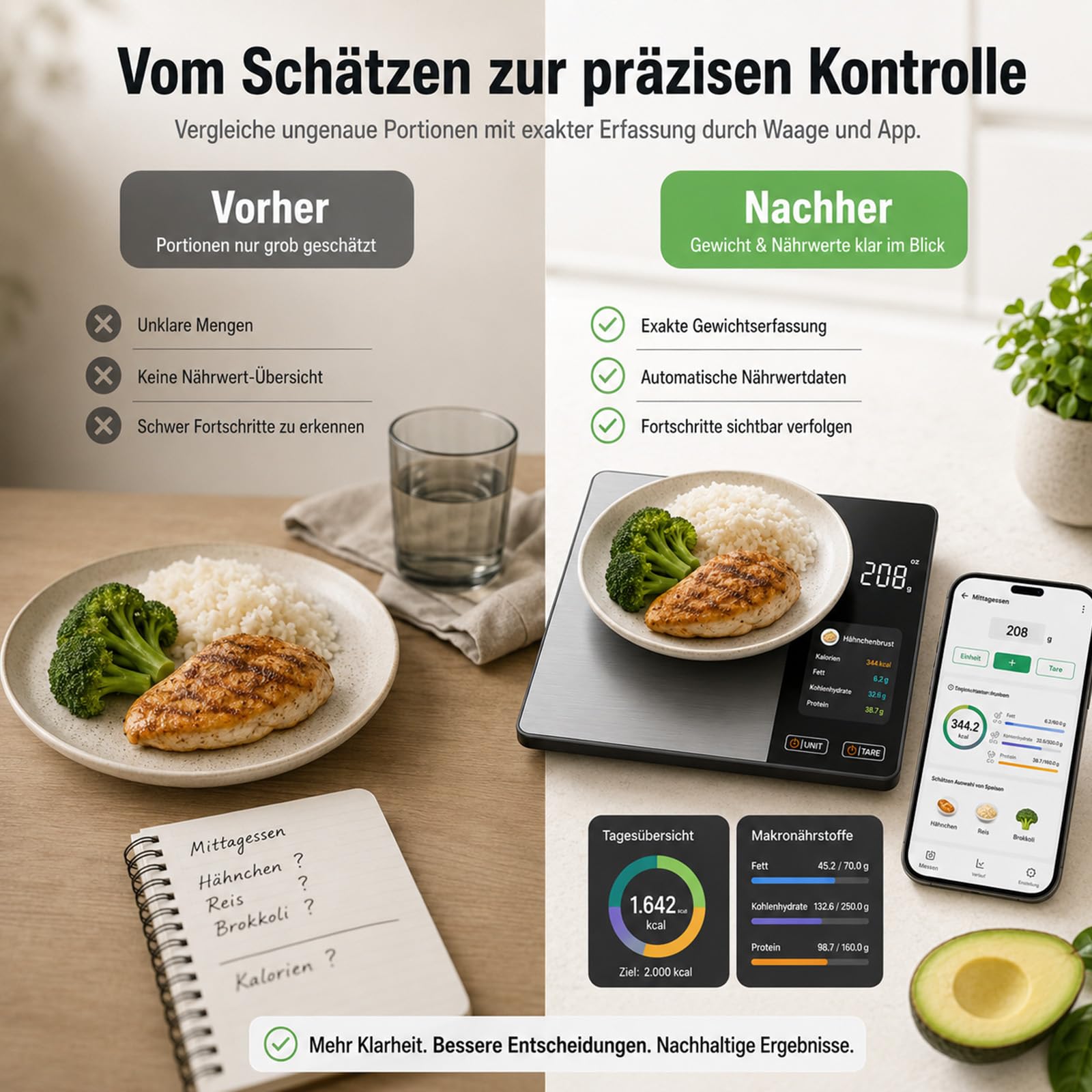 Smartvita Küchenwaage, Hochpräzise Ernährungswaage, Haushalts-Backen, Küchenwaage, Edelstahl, Smart Kaffeewaage