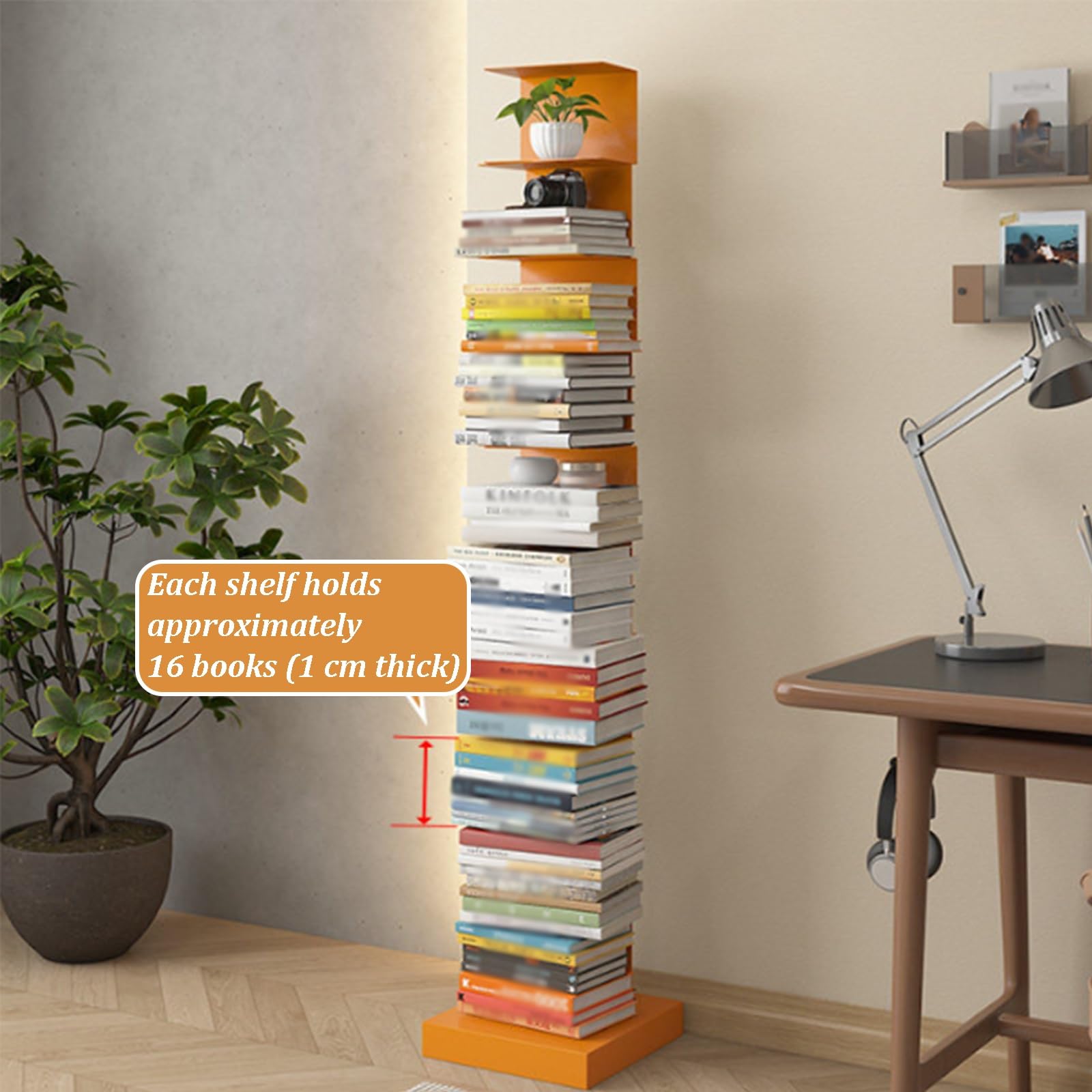 Vertikales Säulen-Bücherregal Mit Beschwertem Standfuß, An DREI Seiten Offenes Design, Freistehendes Metallregal Für Wohnzimmer, Esszimmer, Büro Und Arbeitszimmer(Orange,9-Tier)
