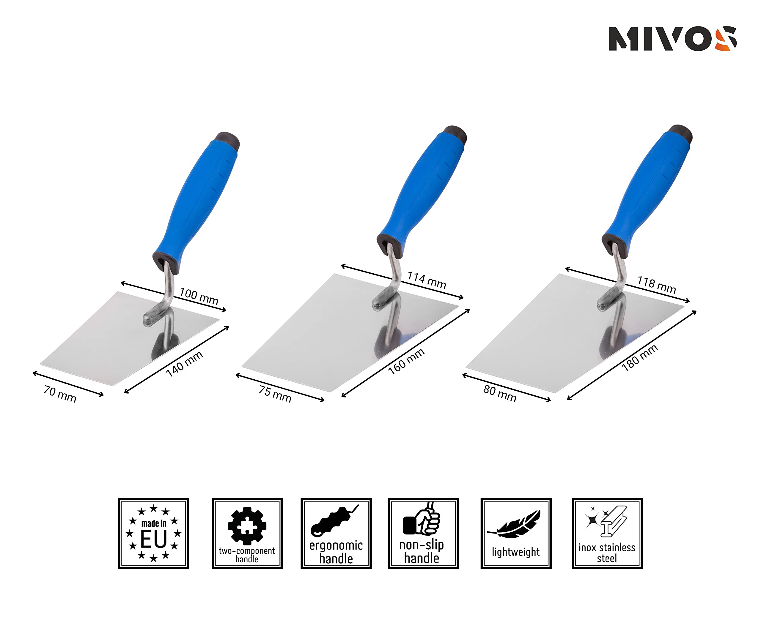 Mivos Stainless Steel Trapezoidal Trowel Set 3-Piece 140 mm 160 mm 180 mm, Rustproof Trapezoidal Trowels - Image 2
