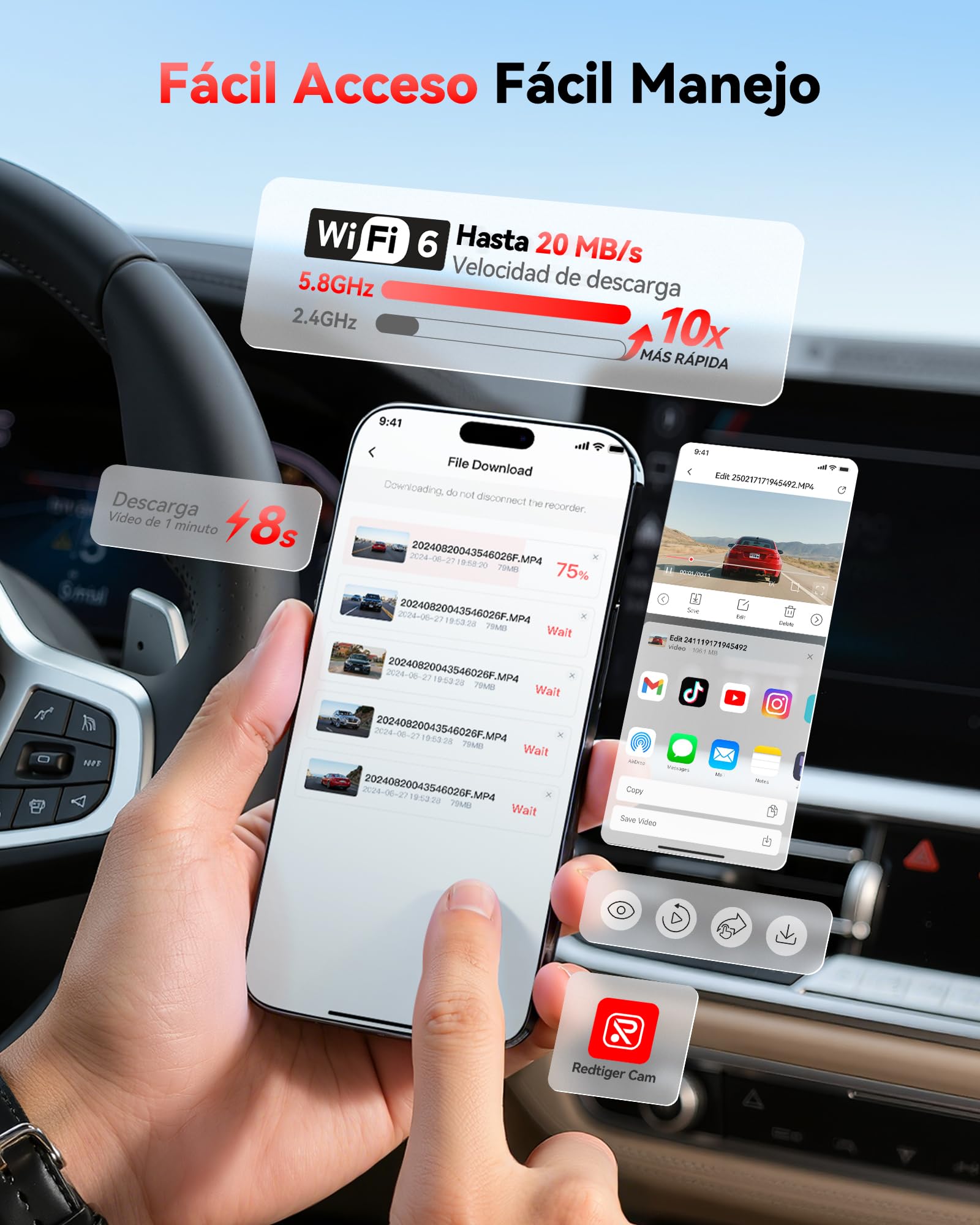 REDTIGER 4K Dashcam Voiture et USB-C to USB-C Power Cord,STARVIS 2,Écran IPS 3,18 Pouces,Carte 128 Go Incluse, WiFi 5,8 GHz,GPS,Vision Nocturne,Grand Angle 170° WDR,Moniteur de Stationnement