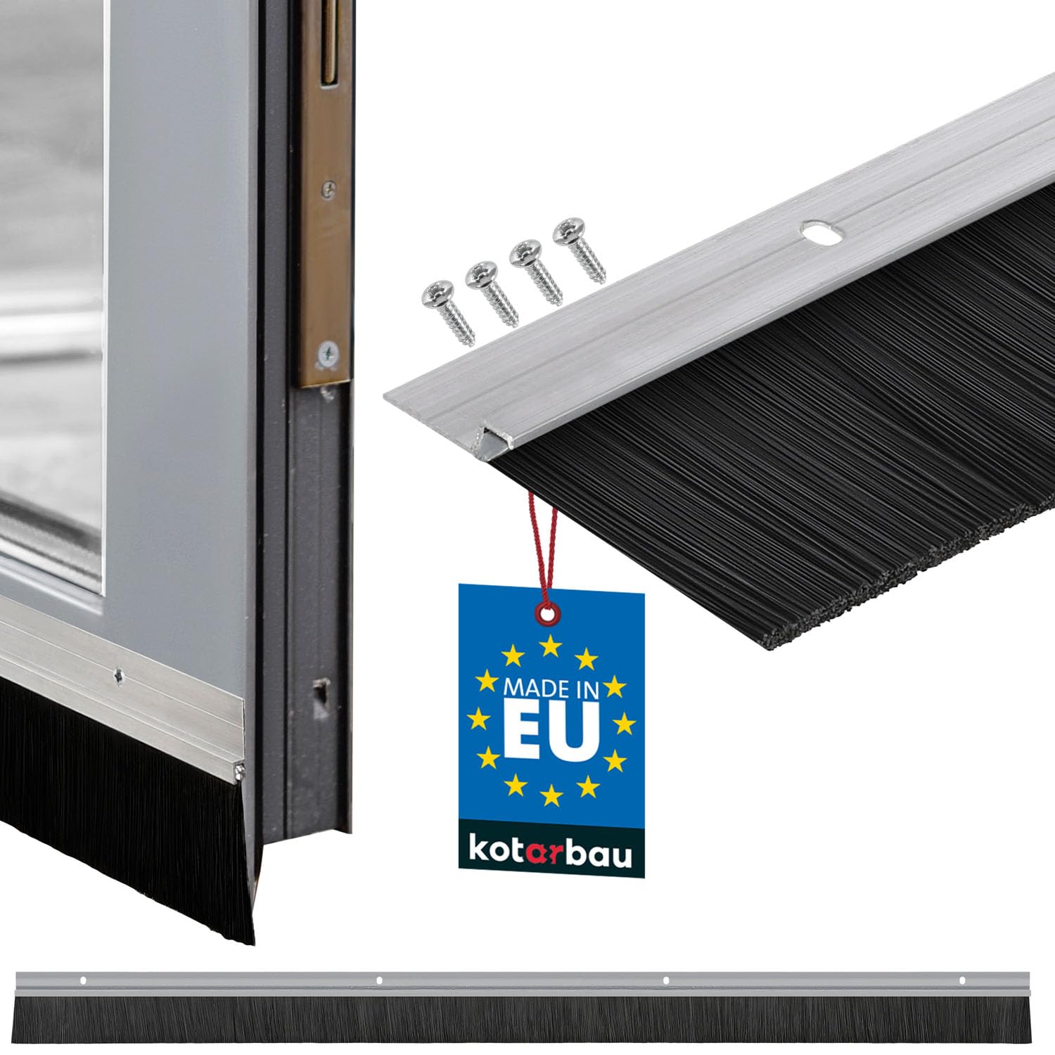 KOTARBAU® Burlete bajo puerta con pelo 100 cm, Burlete pelo para puerta, Burlete para atornillar plateado, Bajo puerta de aluminio 1 metro, Tira aislante, Burlete de pelo, Burlete de cepillo