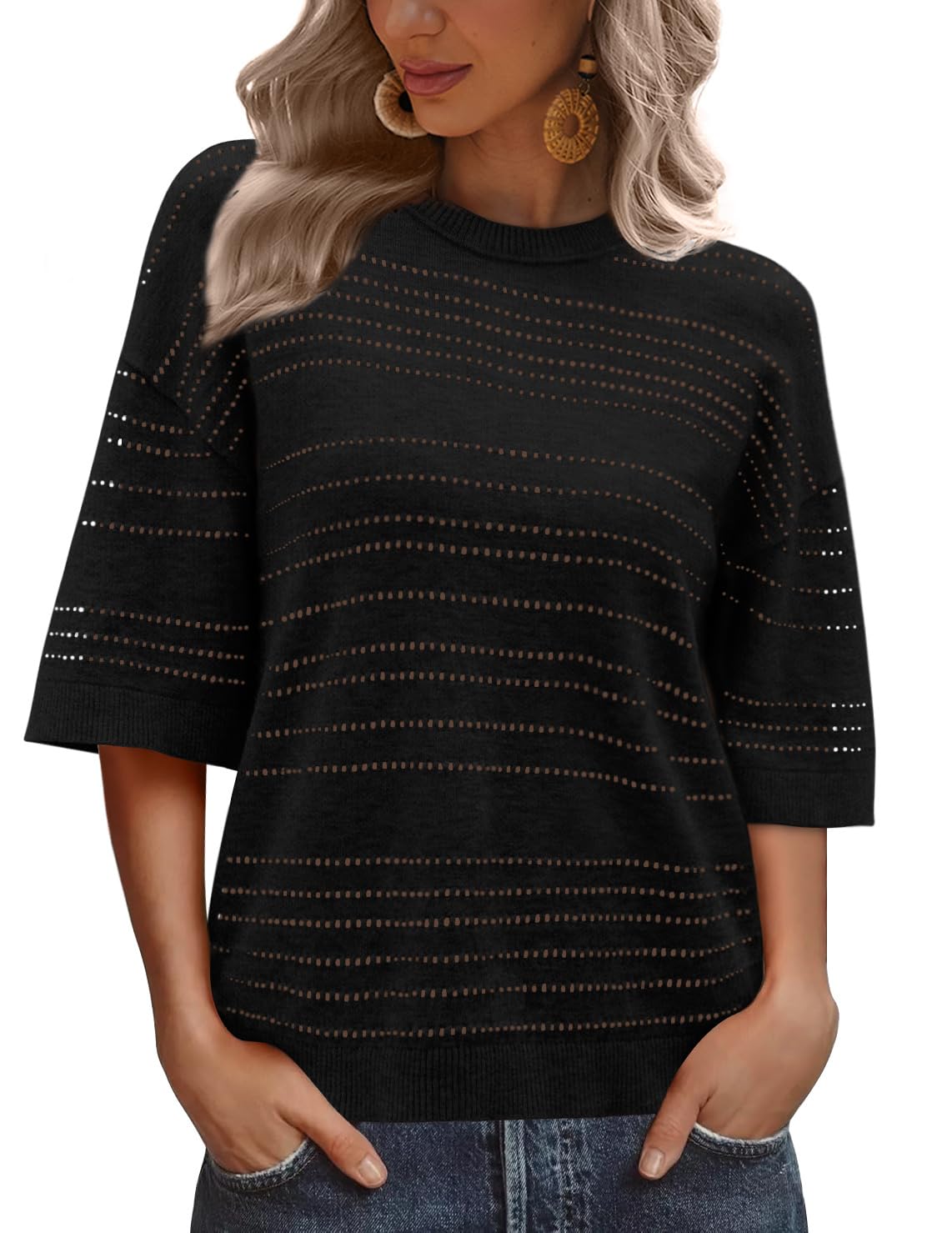 XIEERDUO Womens Half Sleeve Sweater Knit Crochet Blouses Tops 2026 Spring Summer Fashion Clothing Outfits