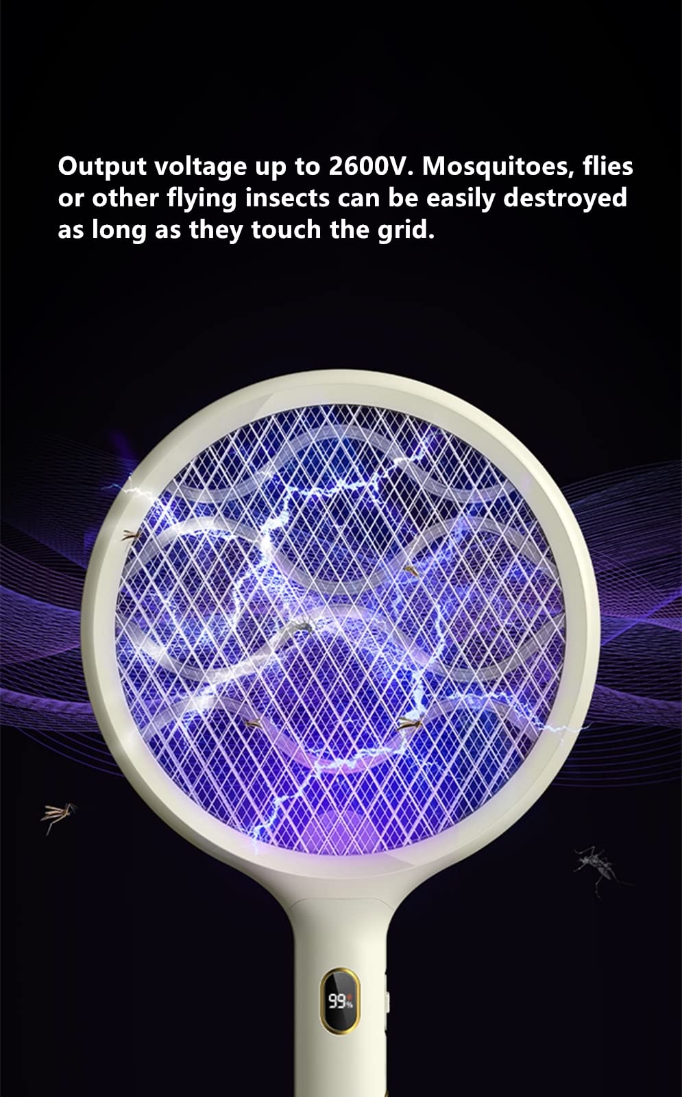 FAXIOAWA Tapette à Mouche électrique, Raquette Intelligente Fly Zapper 2600 V intérieure et extérieure, Affichage numérique Intelligent, Base séparée, Bleu