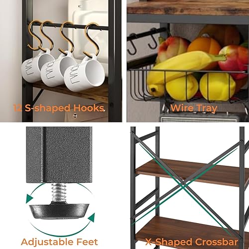 Miniatura 4 de Luckyeestar Estante de cocina de pie de 5 niveles con toma de corriente, soporte de microondas de 5 niveles, barra de café con 6 ganchos en forma de