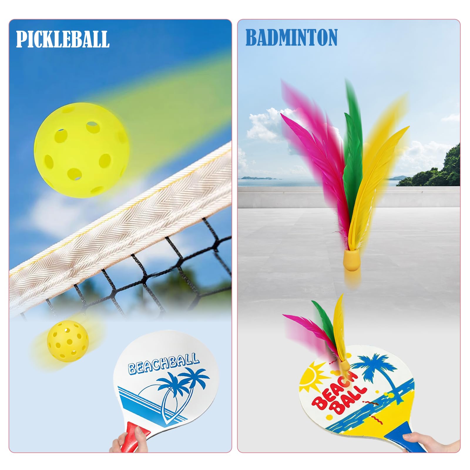 Set de Beachball, 2 Raquettes, 2 Peak Ball, 2 Volants, Raquettes de Plage en Bois Raquettes,Parfait pour Une Fête de Jeux de Plage et de Jardin en Famille