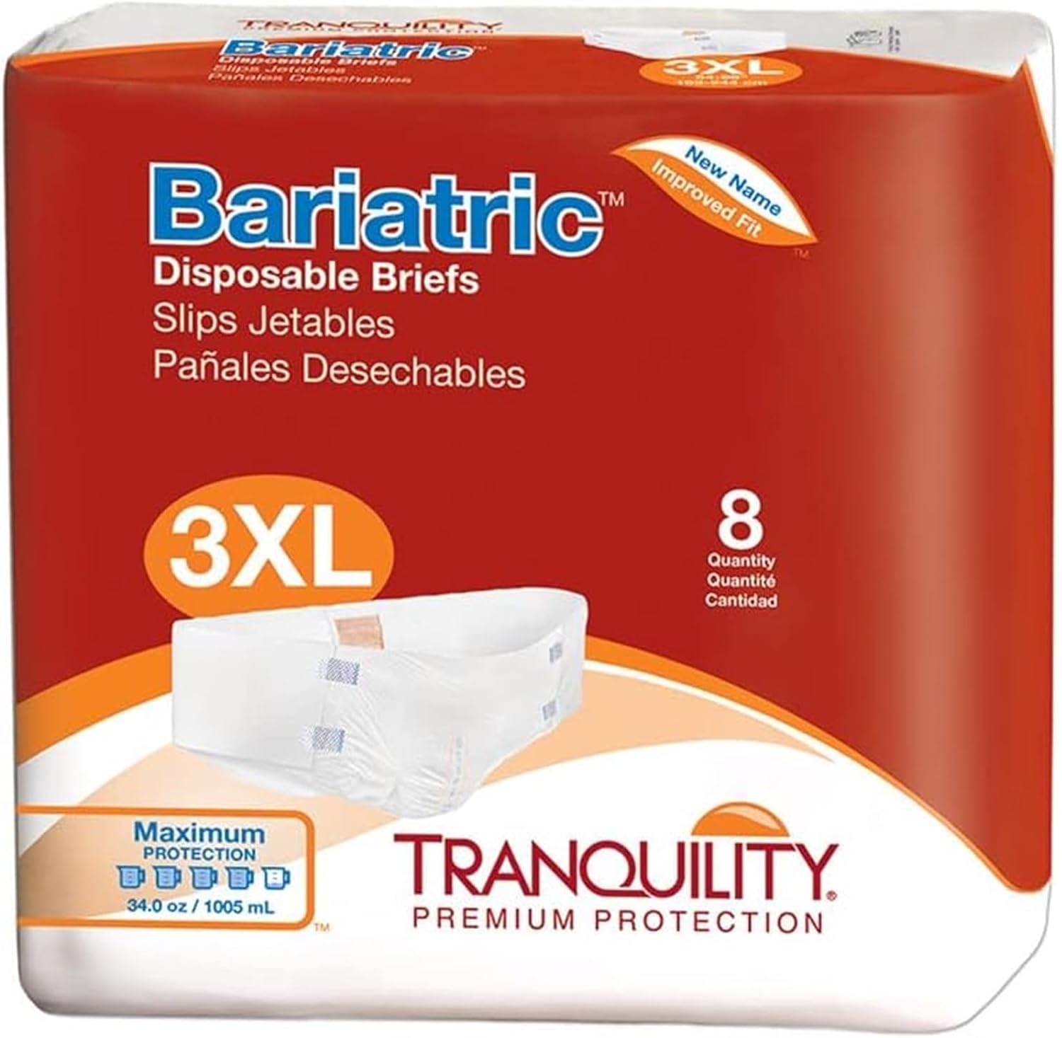 Tranquility Bariatric Disposable Briefs 3X-Large with Peach Mat Core for Dry Skin, Odor Control & Max Comfort, Secure Kufguard Technology, Latex-Free, 34oz Capacity, 32ct Case