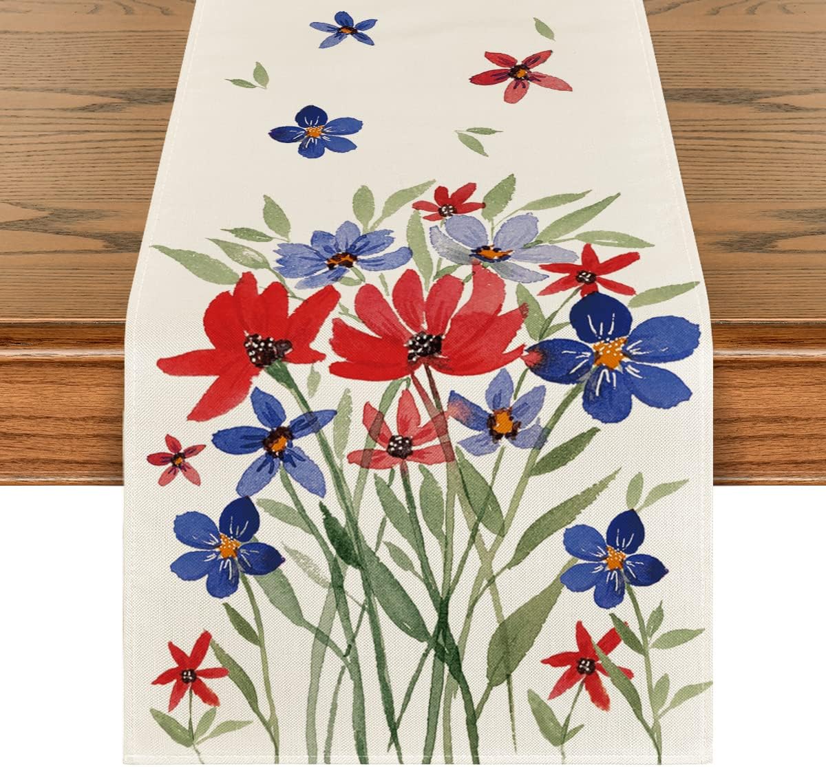 Artoid Mode Watercolor Flowers Poppy Eucalyptus Table Runner, 4th of July Patriotic Memorial Day Independence Day Holiday Kitchen Dining Table Runners for Home Party Decor 13 x 36 Inch
