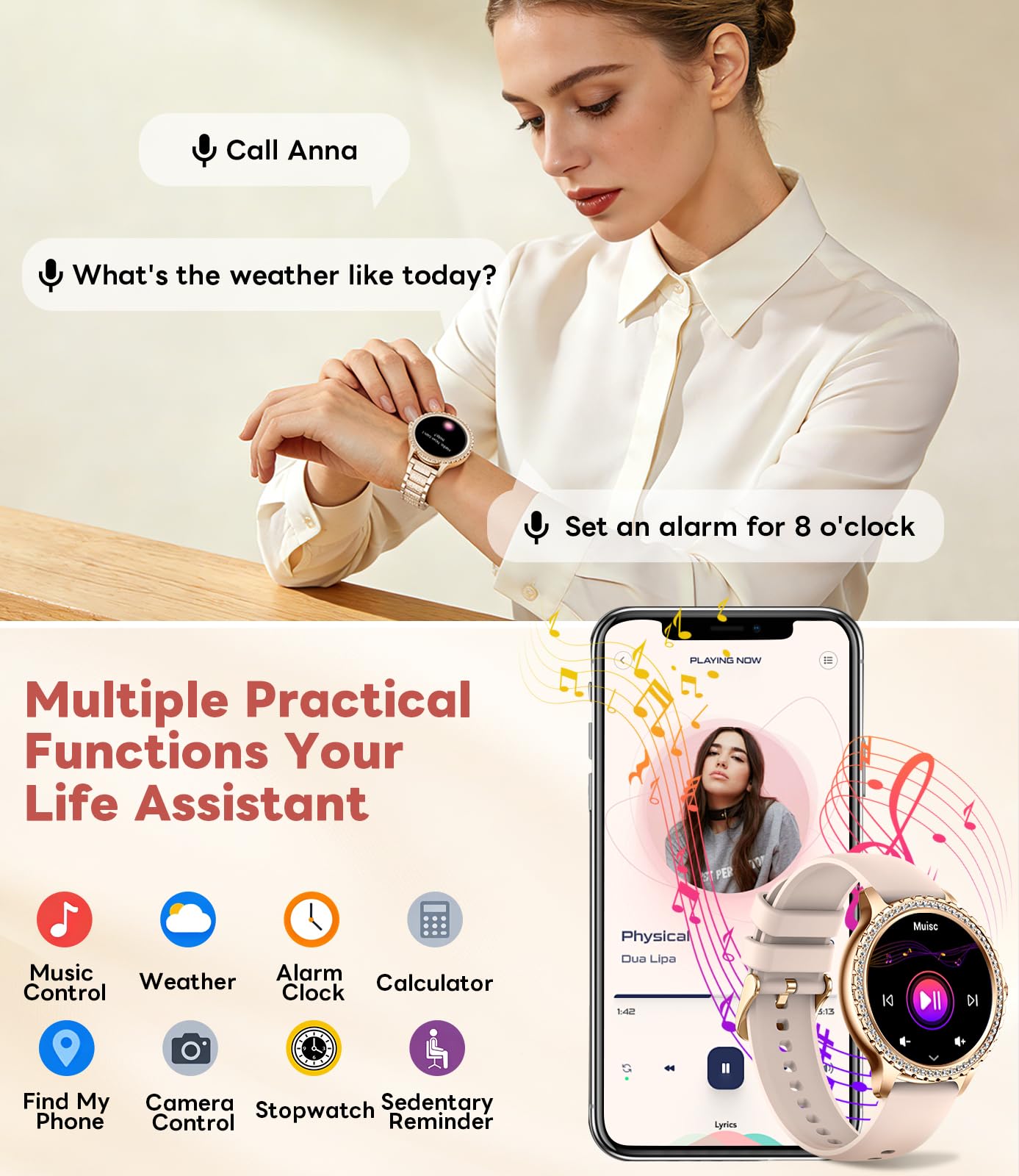 Smartwatch Damen mit Diamant, 1,32" HD Round Fitnessuhr mit Telefonfunktion, Herzfrequenz/Schlafmonitor, 500+ Ziffernblätter, IP68, 110+ Sportmodi Sportuhr Armbanduhr für Android iOS, Roségold