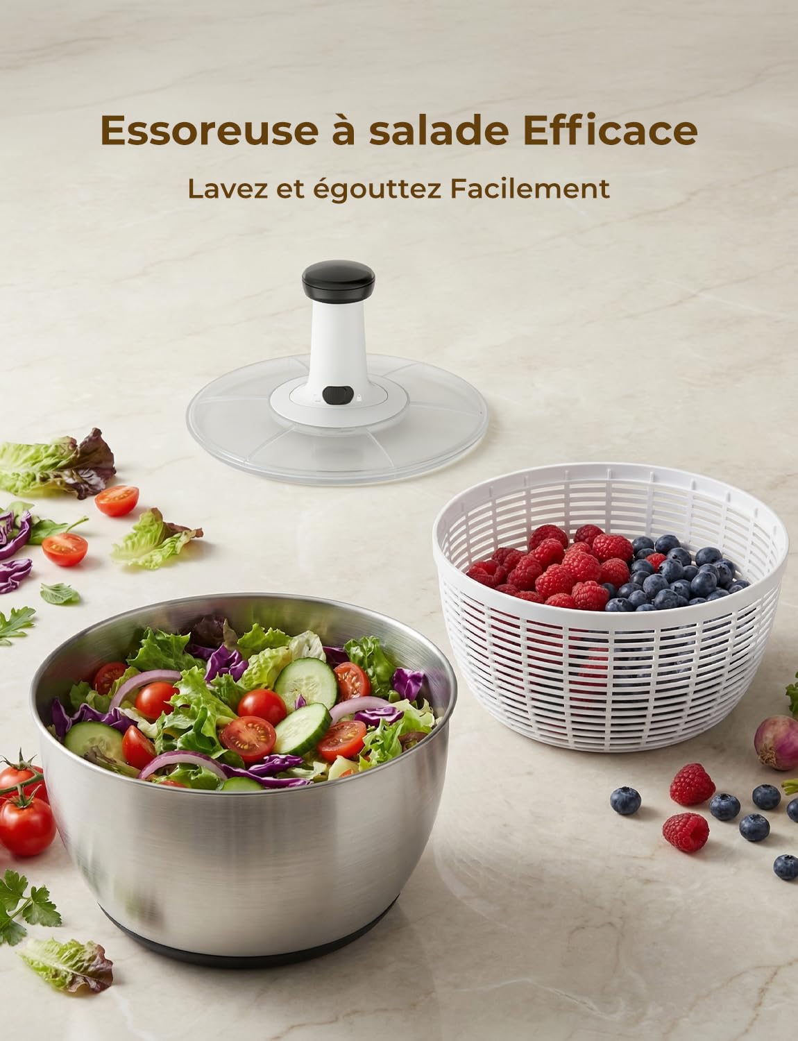 Essoreuse à Salade Acier Inoxydable, 6L Grande Capacité Essoreuse Salade avec Saladier et Base Antidérapante, sans BPA, Lave et sèche Rapidement Les légumes et Les Fruits