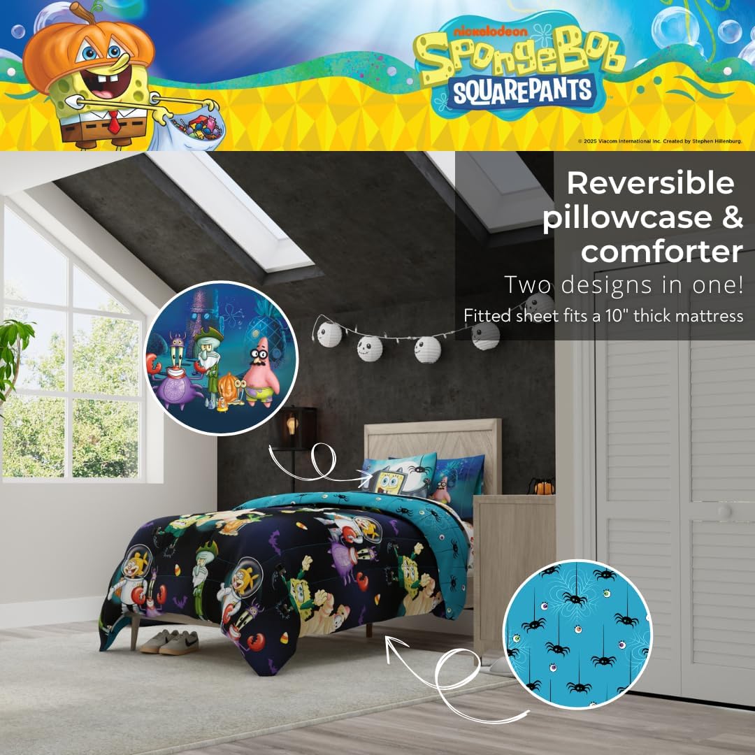 Spongebob Squarepants Kids Halloween Bedding 5 Piece Super Soft Cozy Reversible Comforter and Sheet Set with Sham, Twin, (Officially Licensed Product) by Franco - Image 6