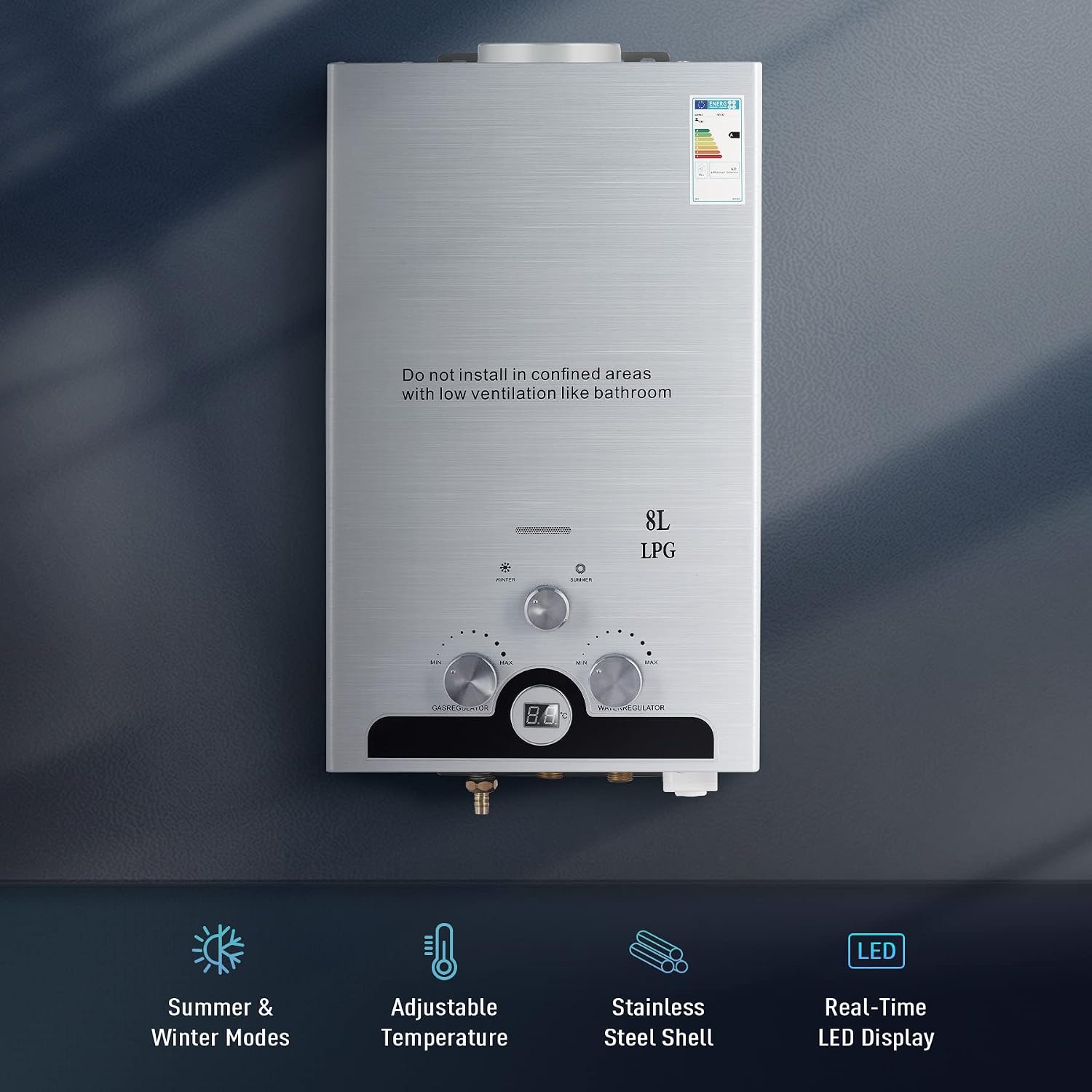 Front view of the CO-Z JSD-16 water heater showing the LED display and control knobs. Text overlay: Summer & Winter Modes, Adjustable Temperature, Stainless Steel Shell, Real-Time LED Display.