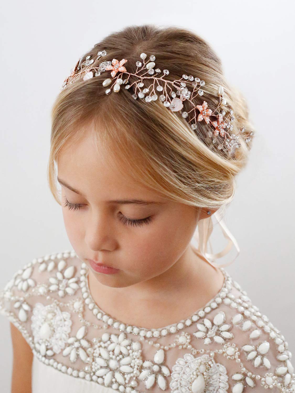 SWEETV Flower Girl Headband for Wedding, Baby's Breath Hair Piece, Rose Gold Headpiece for Birthday Party, Photography - Image 2