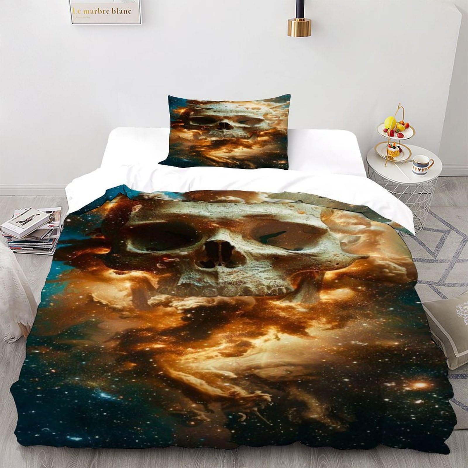 Parure de Lit Single Crâne Galaxie Housse de Couette Gothique 135x200 pour Enfant