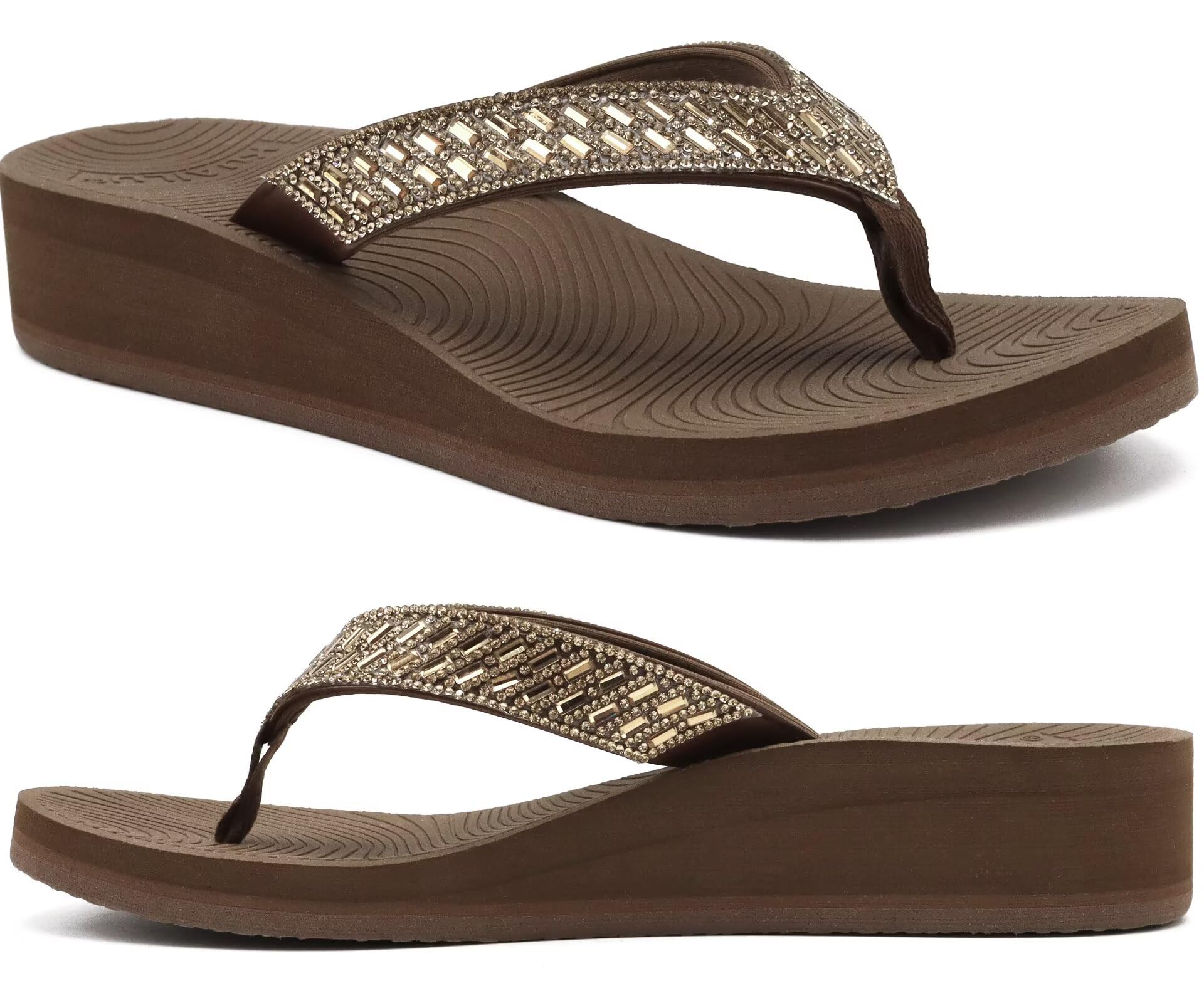 KuaiLu Womens Dressy Rhinestone Platform Flip Flops Trendy Comfortable Arch Support Cushion Walking Thong Sandals Yoga Foam Low Wedge Slippers Summer Pool Beach