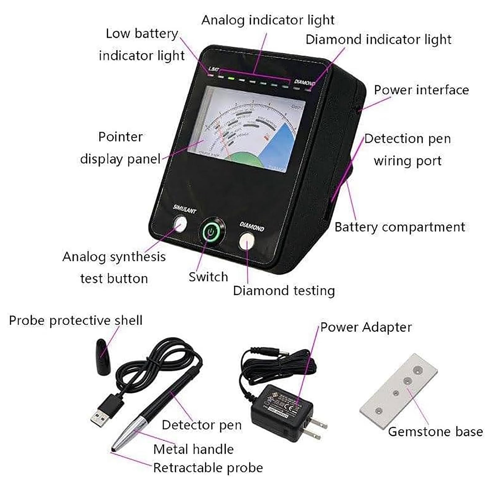 Tester professionale per diamanti e pietre preziose con pannello puntatore, indicatore luminoso e sonda retrattile per test accurati dei gioielli