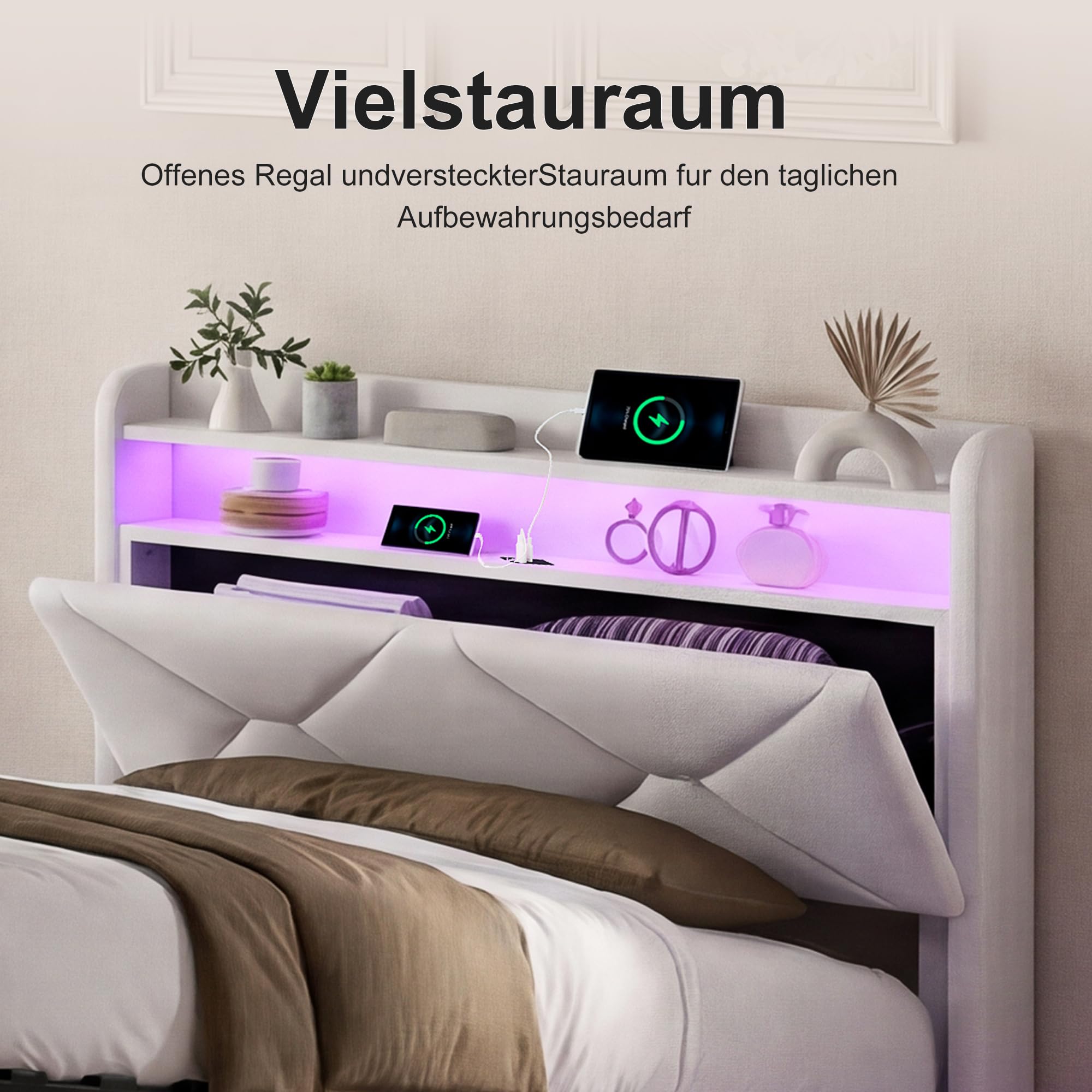 Łóżko bagażowe 90 x 200 z oświetleniem LED i USB, łóżka 1-osobowe z hydraulicznym schowkiem i wyściełanym zagłówkiem, łóżka pojedyncze 90 x 200 ze stelażem na rzepy, (bez materaca)